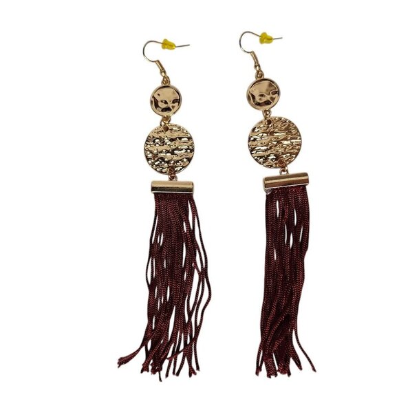 Boho Gold Tone Hammered Discs Red Tasseled Fringe Earrings Costume Jewelry - Picture 2 of 3